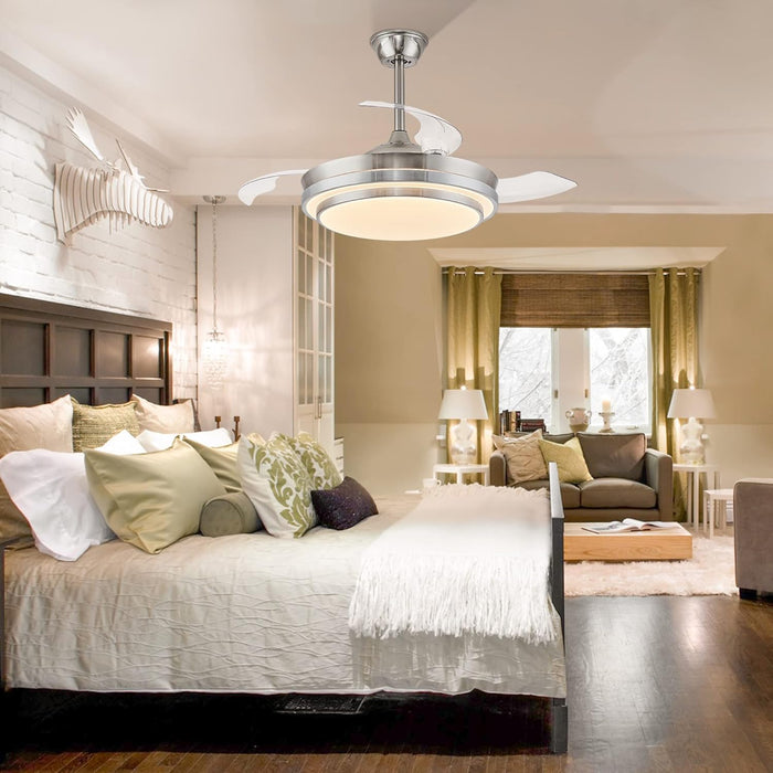 Retractable Ceiling Fans with Lights and Remote, 42 Inch Fandelier Ceiling Fans with LED Lighting, Smart Modern Ceiling Fan, Stepless Color Changeable, Dimmable, Timer Setting, Brush Nickel