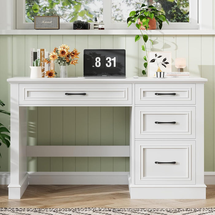 Farmhouse 47" Executive Desk with File Drawer, Computer Desk with 4 Drawers, Workstation for Study, Home Office, Writing, Cream White.
