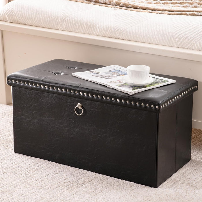Folding Storage Ottoman Bench 30In, Leather Foot Rest Stools Ottoman with Storage, Coffee Table, End of Bed Bench Footstool for Living Room, Bedroom, Load 330 Lb, 30X15X15 Inches, Black