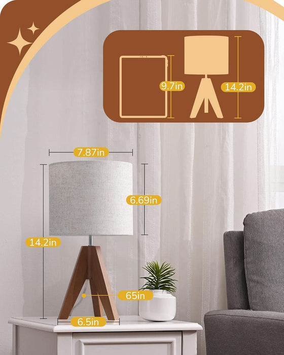 Tripod Table Lamp, Small Cute Bedside Lamp with Linen Beige Lampshade, Nightstand Lamp for Nursery, Bedroom, Kid Room, Living Room, Light Brown Wooden Base, E26 Socket, 14.2 Inch