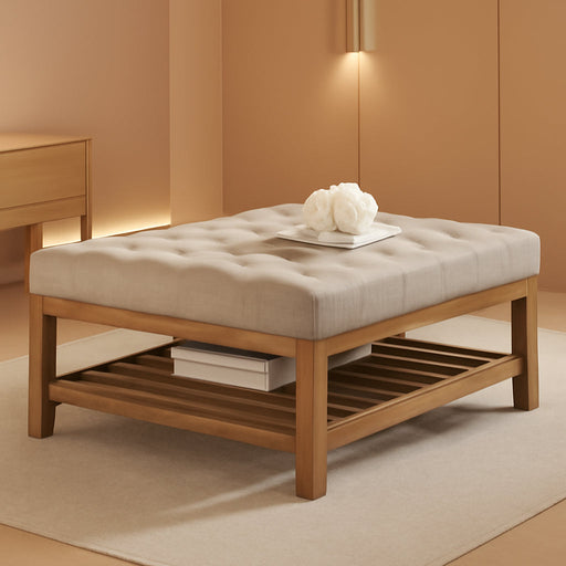Large Square Upholstered Tufted Linen Ottoman Coffee Table, Large Footrest Ottoman with Solid Wood Shelf-Linen