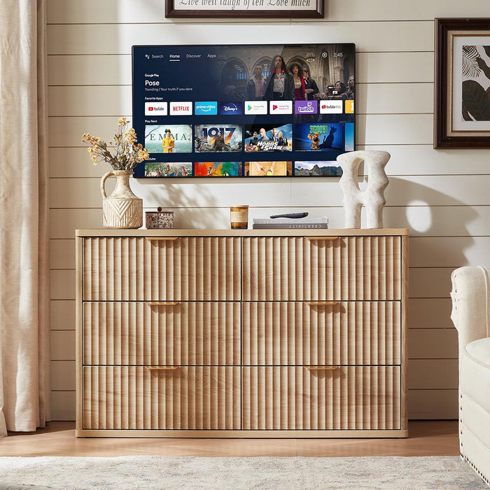 Fluted 6 Drawers Dresser for Bedroom, 48" Wide Modern Chest of Drawers with Metal Handle, Natural Curved Profile Farmhouse Closet Organizer Wood Dressers TV Stand for Living Room, Hallway