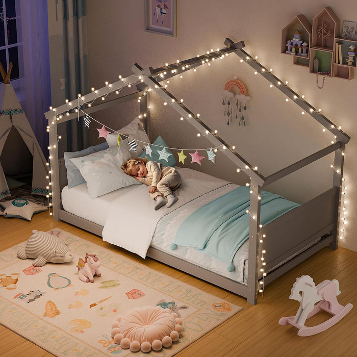 Grey 81InchLength Solid Pine TwinHouseBed Montessori