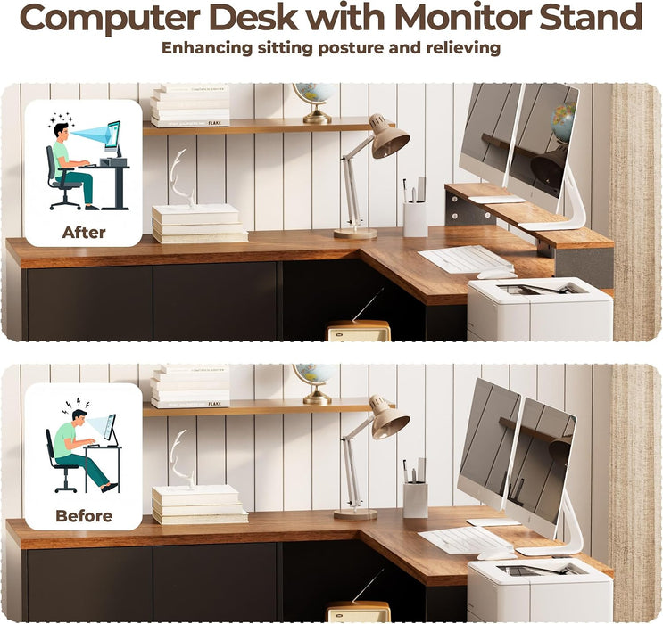 63" L Shaped Executive Desk with Drawers & Monitor Stand, Corner Desk