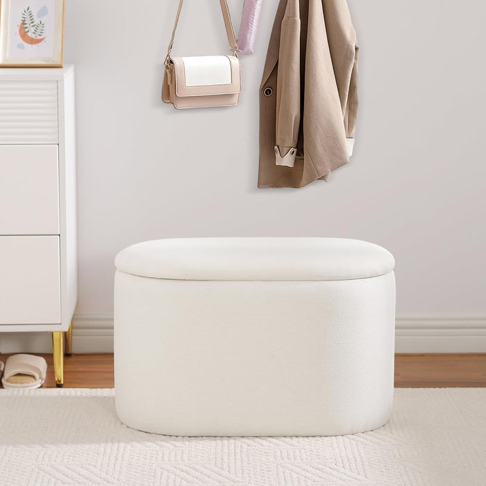 Oval Ottoman with Storage for Living Room, Modern Linen Fabric Foot Stools Ottoman, Upholstered Vanity Stool Foot Rest, Small White Storage Bench for Bedroom, Entryway, Dorm