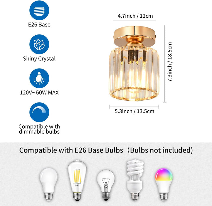 Mini Crystal Semi Flush Mount Ceiling Light Fixture, Gold Small Chandelier Hallway Light Fixtures for Foyer Entryway Walk-In Closet, Fit E26 Base Bulbs, 1-Light, 5.3Inch