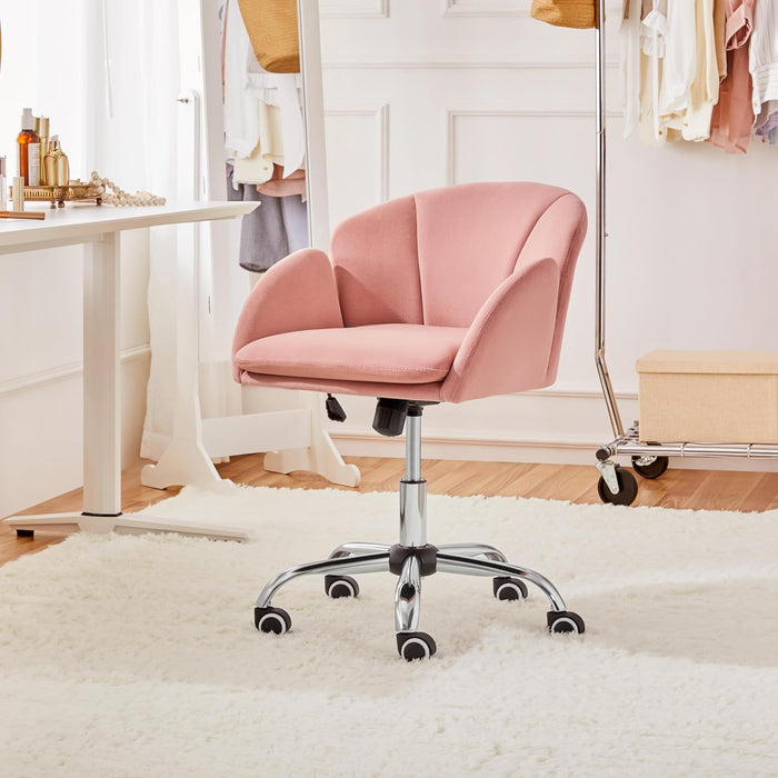 Pink Desk Chair Cute Velvet Chair for Home Office, Vanity Chair with Wheels Armrests Modern Swivel Rolling Chair for Bedroom