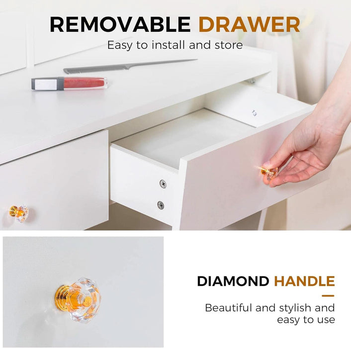 Makeup Vanity Desk with Mirror and Lights, Vanity Table and Chair Set with 5 Drawers and Charging Station, Bedroom Dresser LED Mirror Stepless Dimmable & 3 Color Modes Adjustable, White