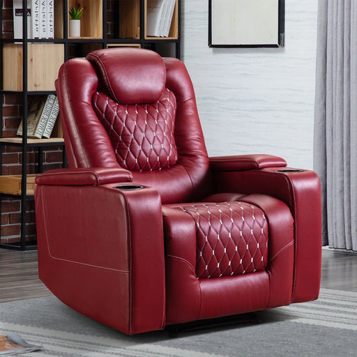 Power Recliner Chair with USB Ports and Cup Holders - Overstuffed Electric Home Theater Seating PU Leather Reclining Furniture with Hidden Arm Storage (Red)