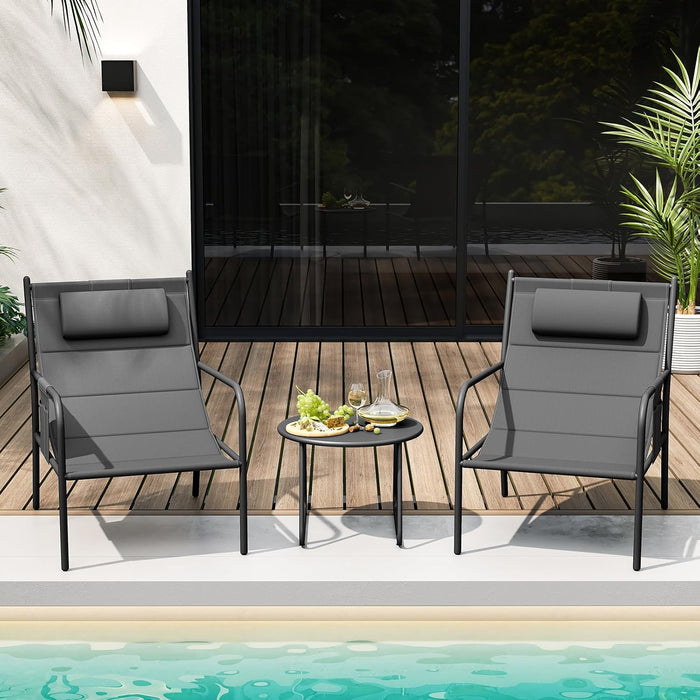 3 Piece Outdoor Bistro Set, Patio Metal Chair & Coffee Table, Breathable Seat Fabric & Cozy Headrest, Metal Conversation Set for Yard, Front Porch, Poolside (Gray)