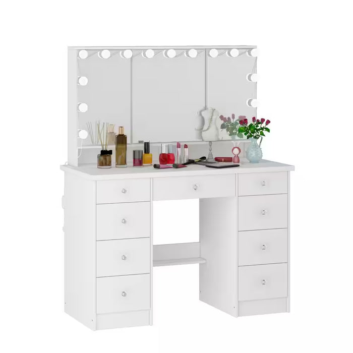 White Modern Makeup Vanity Desk 9 Drawers Wood Dressing Table with 3 Mirrors, Hidden Storage Shelves, LED Bulb Lights