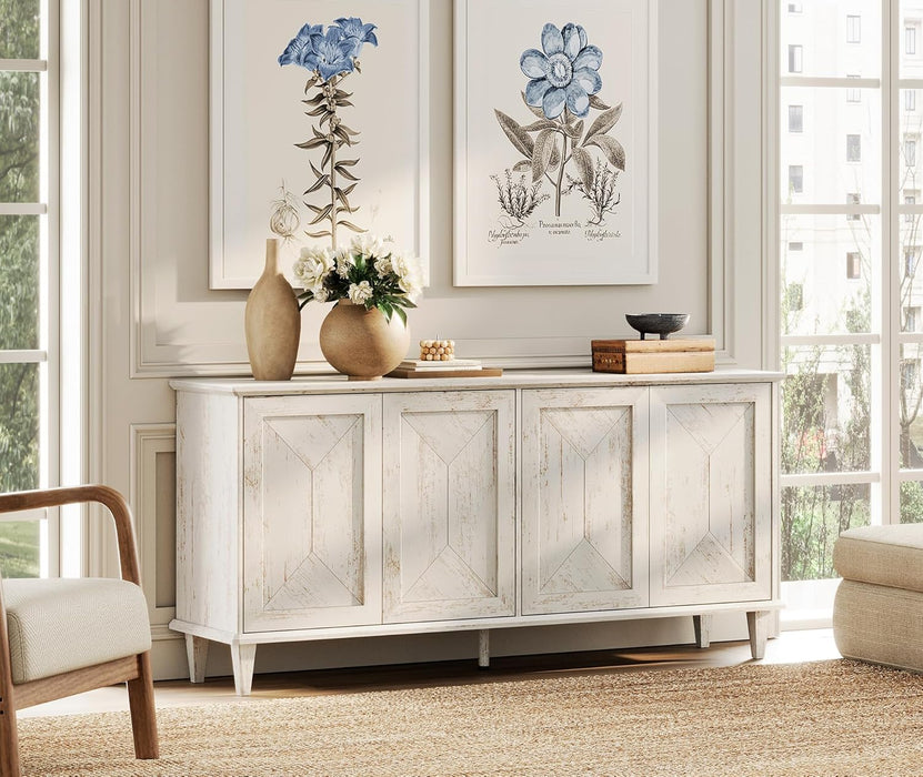 65" Modern Farmhouse TV Stand with Handcrafted Patchwork Doors for 55-75" Tvs, Entertainment Center Console with Cable Management, Adjustable Shelves Storage for Living Room, Pale Oak