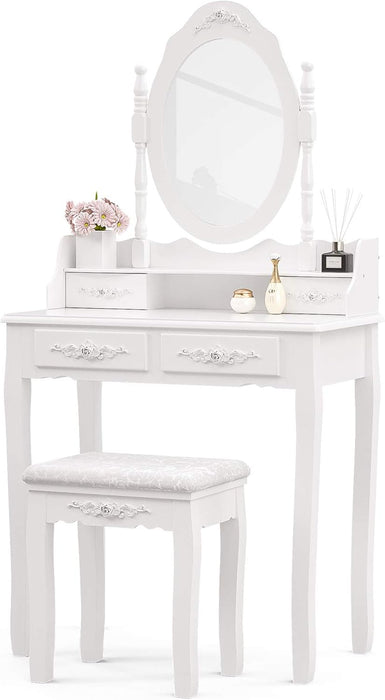 Vanity Table Set with 4 Drawer,Makeup Dressing Table W/Cushioned Stool,Girls Women Bedroom Furniture Set Oval Mirror White