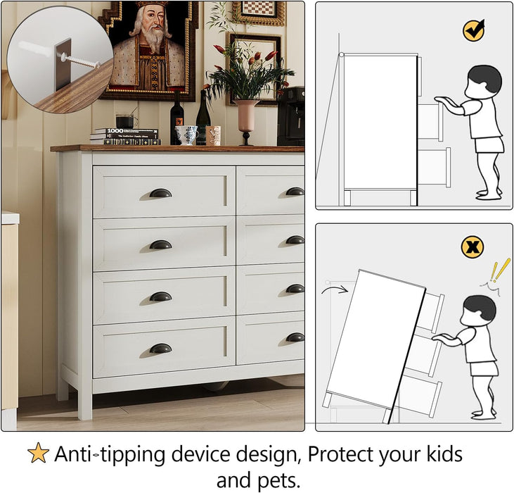 Farmhouse White Dresser for Bedroom, 8 Drawers Dresser