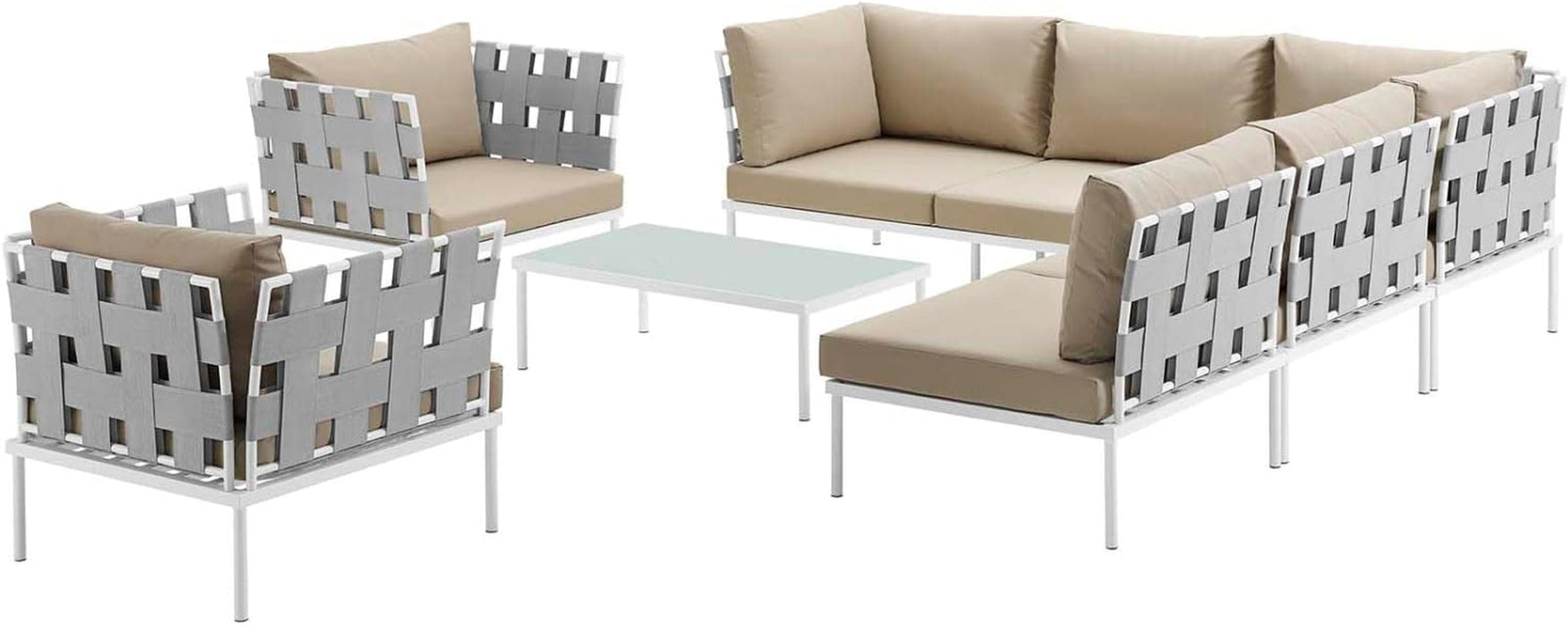 Harmony 8-Piece Aluminum Outdoor Patio Furniture Sectional Sofa Set with Cushions in White Beige