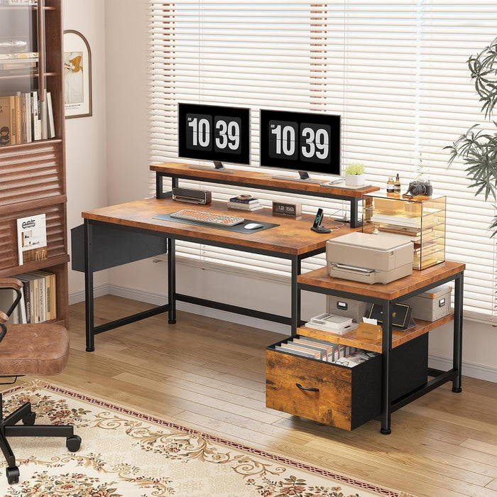 56.5" Office Desk with Drawers and Printer Space,Computer Desk with Power Outlets,Home Office Desks with File Drawers Cabinet,Study and Gaming Desk with Shelves Monitor Stand,Rustic Brown