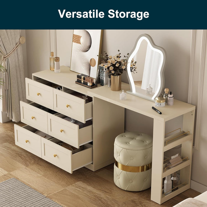 Extendable Vanity Desk and Dresser Combo, 67" Makeup Vanity Table with Drawers and 3 Side Shelves, Wood Dressing Table for Bedroom, Dressing Room, Beige