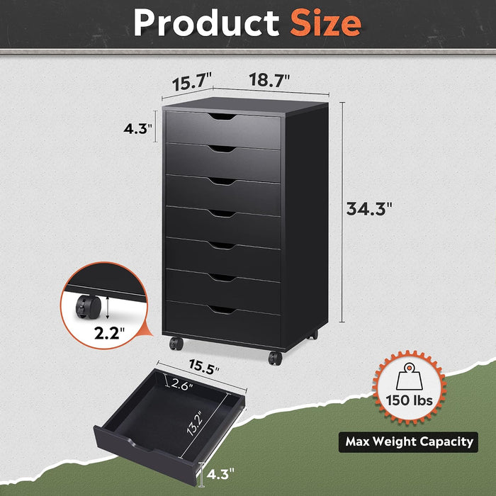7-Drawer Office File Cabinets, Mobile Craft Storage Cabinet, Black