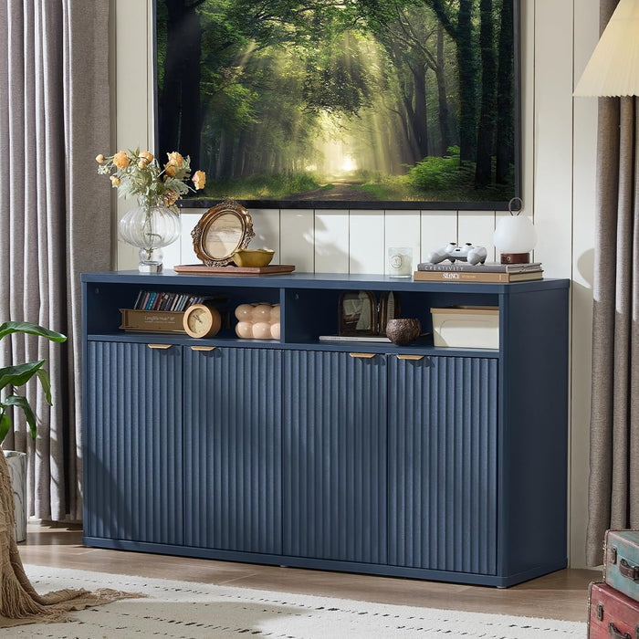 55-Inch Fluted Buffet Cabinet with 4 Doors,Dark Blue | Fluted Wood Credenza with Adjustable Shelves and Open Storage for Dining Rooms, Kitchens, Entryways or Living-Room Media