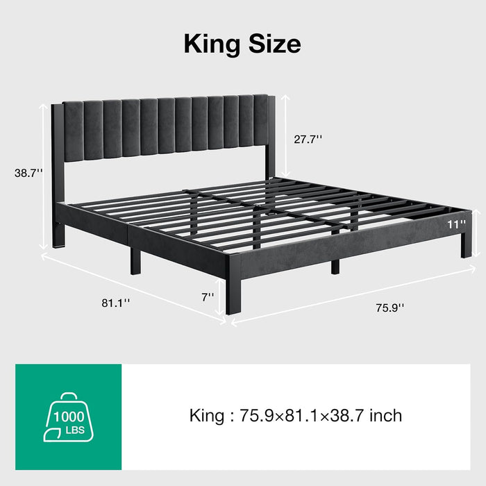 King Bed Frame with Piano Keys Headboard and Footboard, Metal Platform Bed Frames King Size, No Box Spring Needed, Easy Assembly, Steel Slats Support, Velvet Black