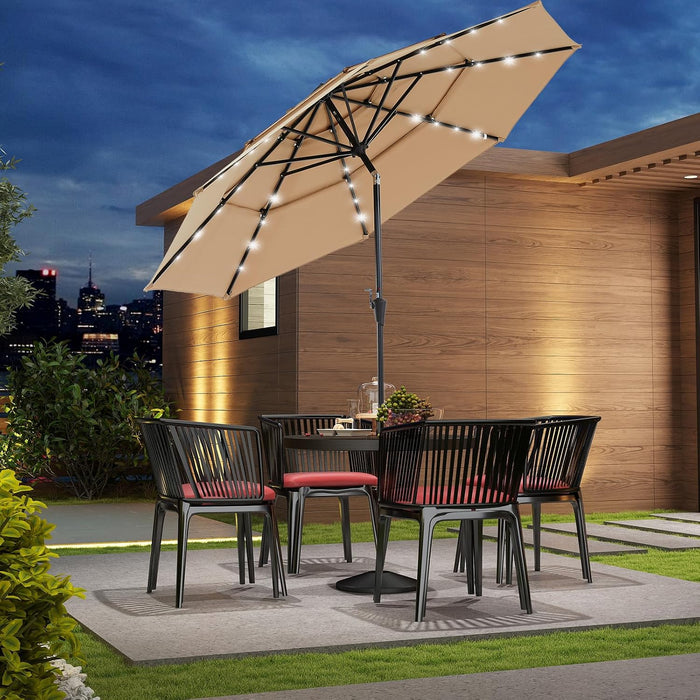 Outdoor Solar Patio Umbrella 3 Tiers with 32 LED Lights, Beach Market Table Umbrella with Crank and 8 Sturdy Ribs for Pool, Terrace, Restaurant