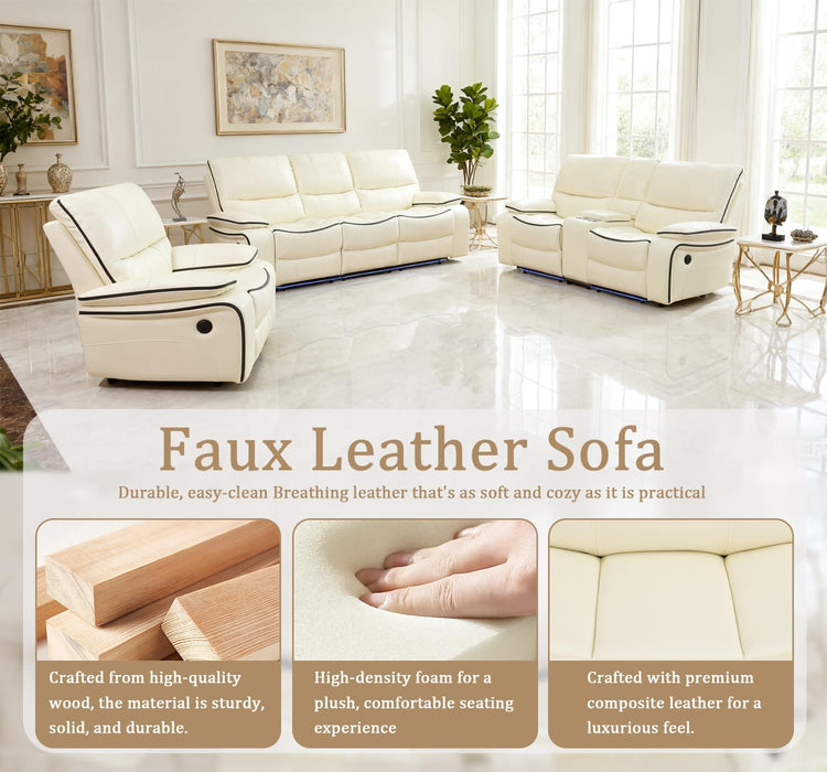 Power Recliner Sofa Set with Led/Storage, Leather Recliner Couch for Living Room, Leather Loveseat Set and Chair with Storage Console for Living Room/House/Apartment(Sofa+Loveseat+Chair)