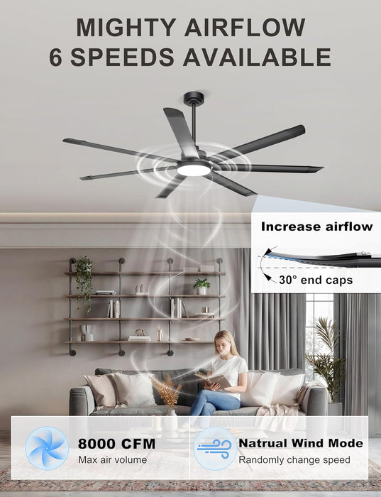 72'' Large Ceiling Fan with Lights, High CFM Industrial Ceiling Fan with Remote/App, 7 Aluminum Blades, Dimmable, for Outdoor Patio, Shop, Garage, Black