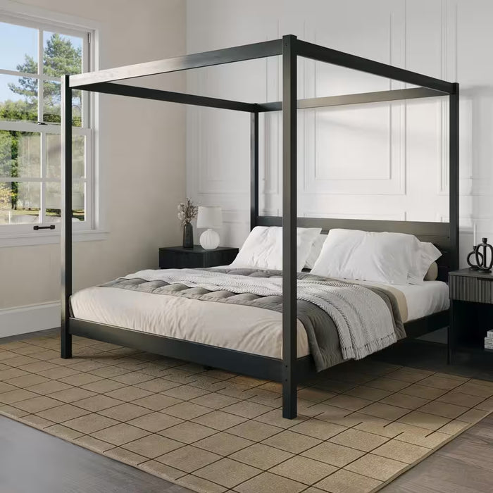 Minimalist Black Wood Frame King Plank Canopy Bed