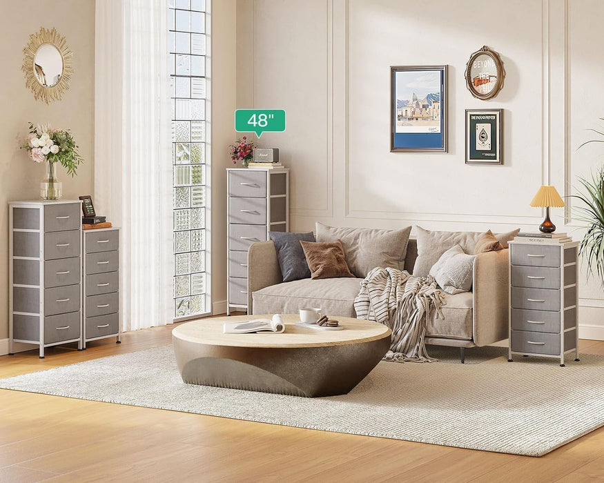 Dresser for Bedroom with 5 Storage Drawers, 48" Tall Dresser Chest of Drawers Fabric Dresser with Sturdy Steel Frame, Light Grey