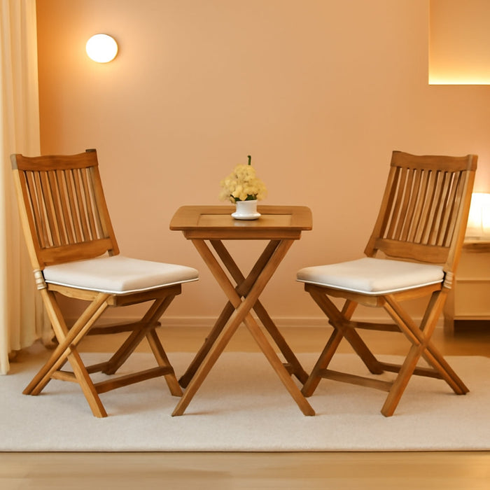 3 Piece Patio Folding Furniture Bistro Set with 2 Cushions for Pool Beach Backyard Balcony Porch Deck Garden, Acacia Wood