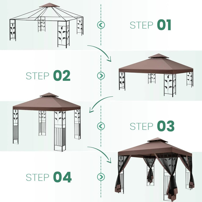 10' X 13' Pop up Gazebo, Screened Patio Gazebo, Outdoor Steel Double Roof Canopy Tent, Metal Frame Canopy with Mosquito Netting, Sunshade for Garden, Lawns, Brown