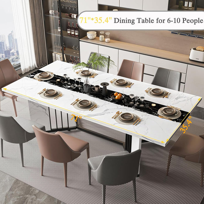 71 Inch Dining Table for 6 8 10 People, Rectangular Faux Marble Kitchen Dining Table Wooden, Modern Large Tabletop and Metal Adjustable Feet, White