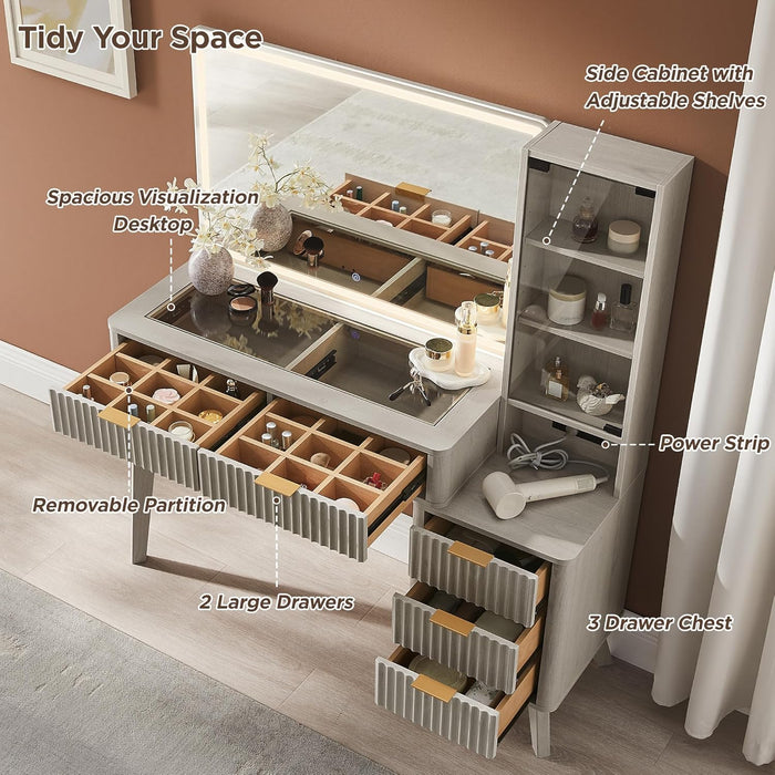 48" Fluted Makeup Vanity Desk with Large 36" Mirror and Lights, Modern Glass Top Big Vanity Table W/5 Drawers & Adjustable Shelves, Dressing Table W/Charging Station for Bedroom, White Alder