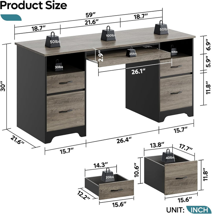 59 Inch Office Desk with 4 Drawers, Computer Desk with Storage, Executive Desk with File Drawer, Keyboard Tray & 2 Pedestals on Both Sides for Home Office, Studio, Grey&Black