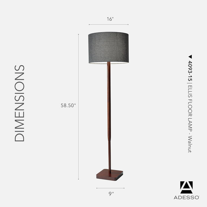 Floor Lamp with Walnut Rubberwood Base and Grey Fabric Lampshade – 58.5” X 16”, 3-Way Adjustable Brightness, Lamp for Bedroom, Living Room, and House Decor