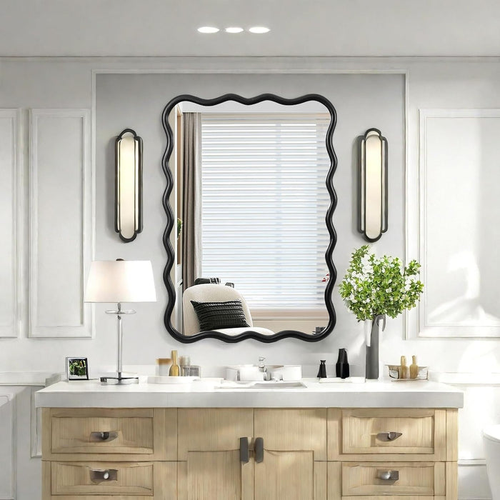 28X40 Inch Wavy Wood Mirror for Wall, Black Solid Wood Frame
