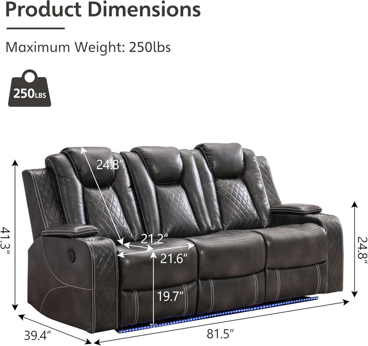 Power Reclining Sofa Couch with Wireless Charger, 3 Seaters with Recliner with Reading Light, Leather Electric 3 Seat Sofa Sectional Set for Living Room, Home Theater Seating with LED Lights, Grey