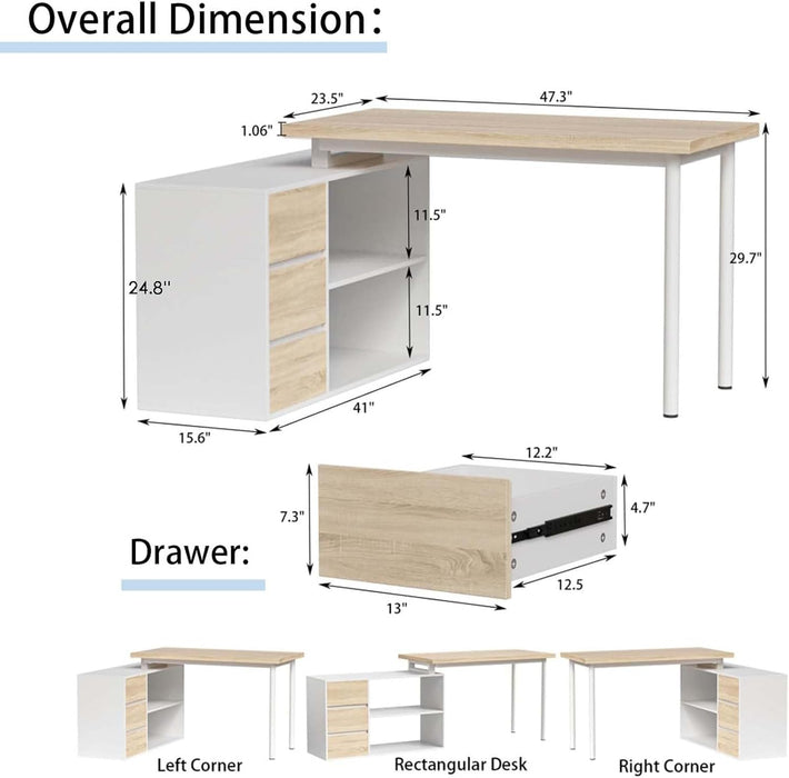 L Shaped Computer Desk, 47 Inch Home Office Desk with File Drawers & Storage Shelves, Small Corner Computer Desk for Small Space (White + Walnut)