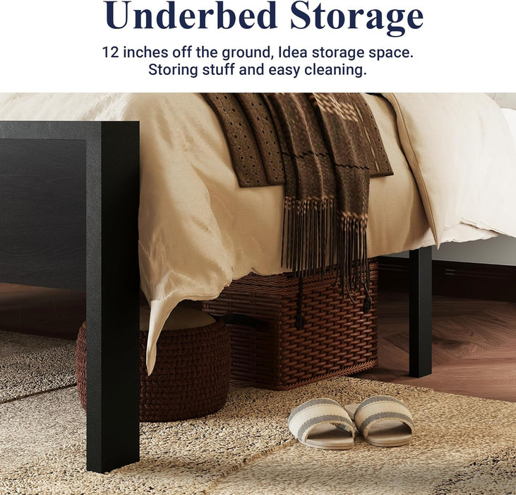 Queen Size Platform Bed Frame with Wooden Headboard and Footboard, Heavy Duty 12 Metal Slats Support, No Box Spring Needed, Under-Bed Storage, Noise Free, Easy Assembly, Black Oak