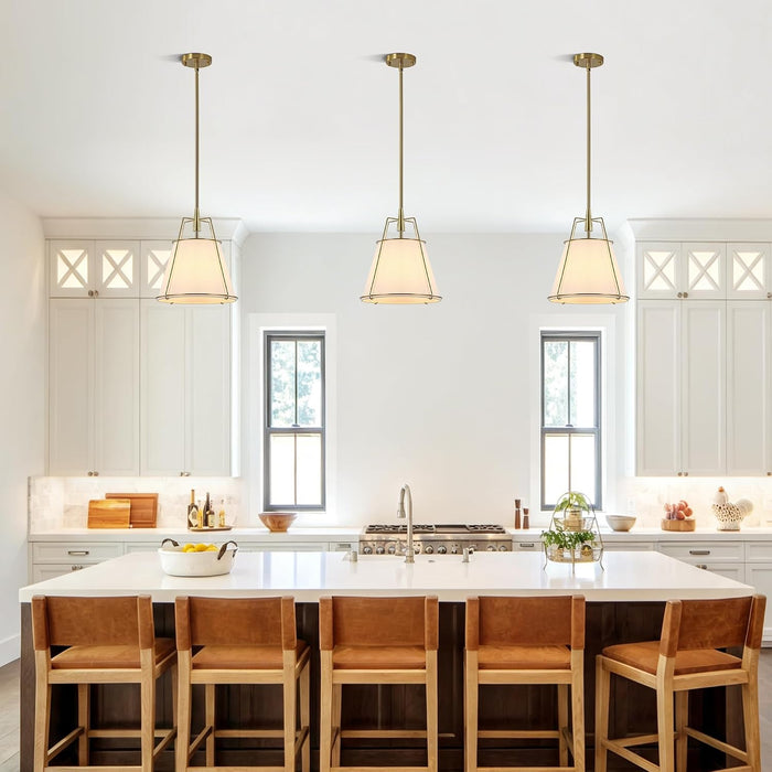 Brushed Gold Pendant Lights Kitchen Island, Drum Fabric Chandelier