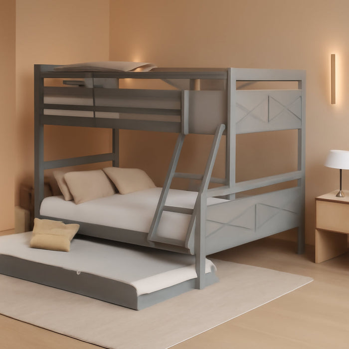 Trundle Bunk Bed, Twin over Full Wood Bunk Bed with Twin Size Trundle, Solid Wood Bunk Bed Frame with Guardrail and Ladder, Grey