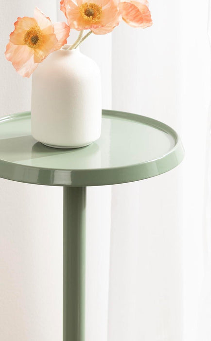 Sanzo Modern round Metal Pedestal Drink Table, 9 X 9 X 23, Soft Green, Decorative Martini Table with Trumpet Base for Use as Indoor Plant Stand or Living Room Mini Table