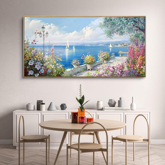 Large Coastal Wall Art - Ocean Seascape Canvas Yellow Green Flowers Painting Landscape Sailboat Picture Artwork Modern Large Framed for Living Room Bedroom Home Office Decor 58X29 Inches
