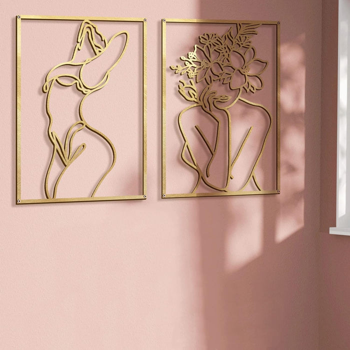 4 Pack Gold Wall Art Decor, Minimalist Single Line Real Metal Wall Art, Woman'S Body Shape Abstract Wall Art (Gold Classic Style, 17 X 11.8'')