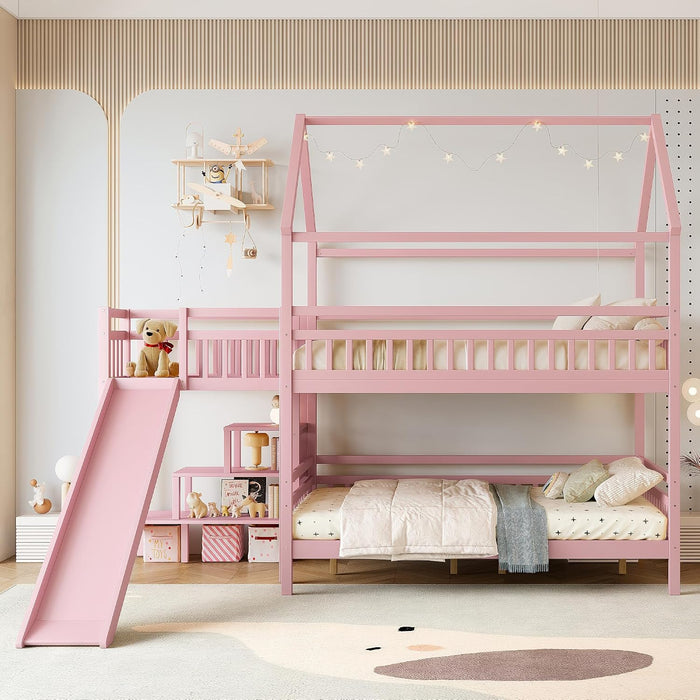 Pink FullOverFullBunkBed PlayhouseWithStairs Storage