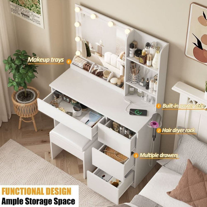 Vanity, Makeup Vanity Desk Set with Mirror & Light, Dressing Table Storage Lots with Power Strip, 3 Lighting Modes with Adjustable Brightness, 37 Inches (White) (White with Stool)