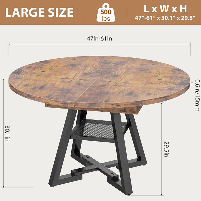 61'' Extendable Dining Table for 4 6 8, round Dining Room Table with Removable Leaf & Storage Shelf, Expandable Oval Kitchen Table with Pedestal Base, Modern Industrial Space Saving（Vintage）