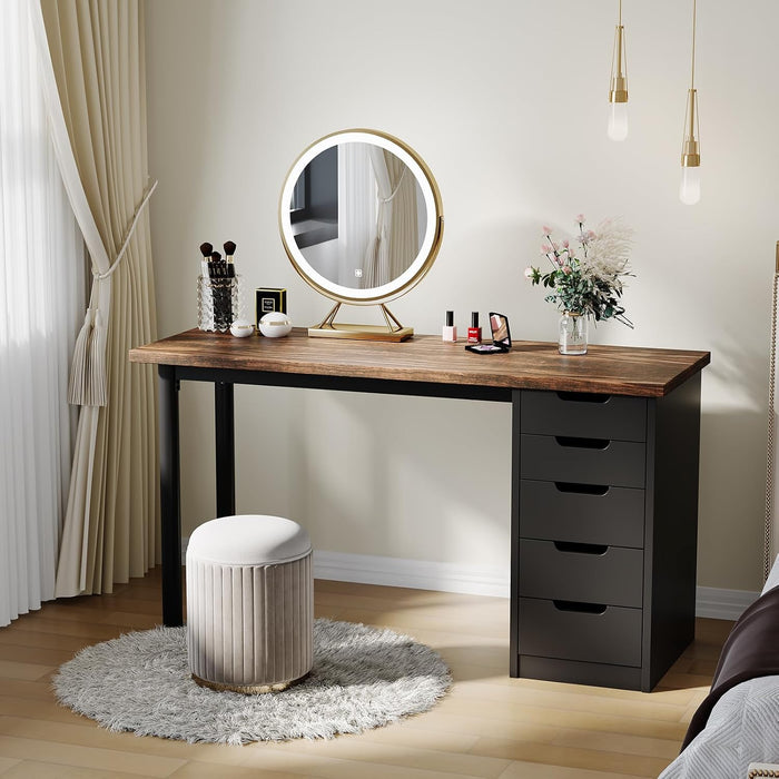 Computer Desk with 5 Drawers, 47 Inch Modern Simple Study Writing Desk with Storage, Rustic Home Office Desk, Reversible Computer Desk for Home Office, Brown+Black