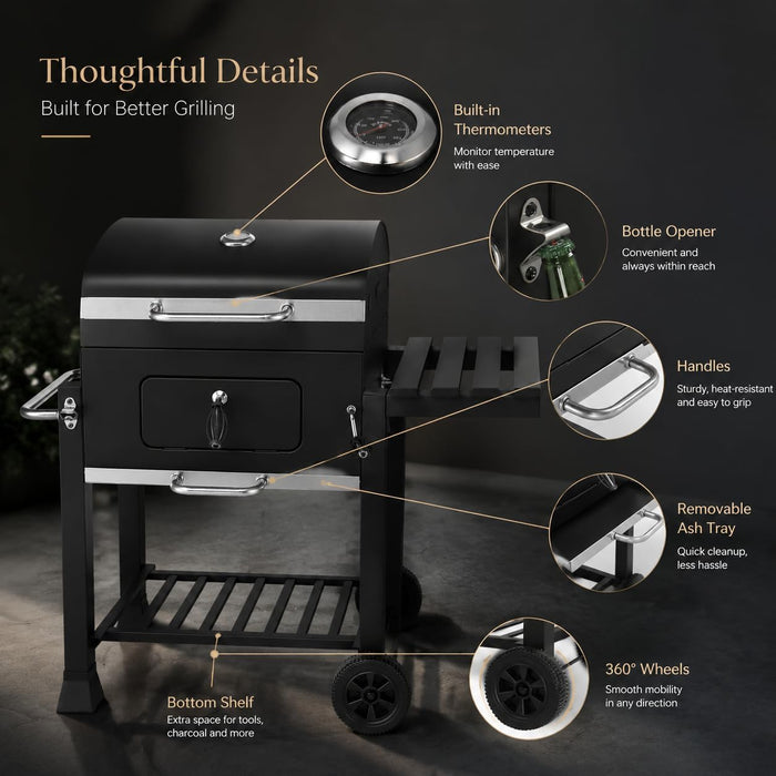 Charcoal Grill Outdoor BBQ Smoker with Height-Adjustable Charcoal Pan Crank Handle, Large Barrel Barbecue Grill with Front Access Door, Foldable Side Table & Removable Ash Tray for Backyard Garden