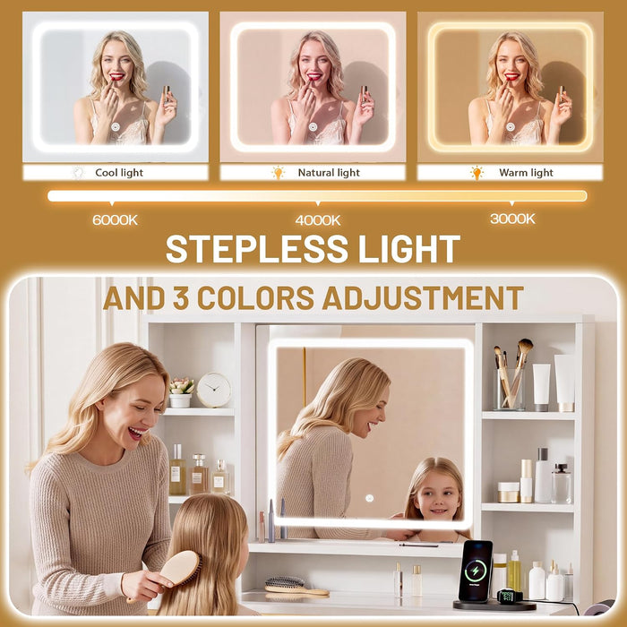 43.3" White Large Makeup Vanity Desk with Glass Top & RGB Lights | Smart LED Mirror, Acrylic-Cabinet, Charging-Station, Hairdryer-Rack